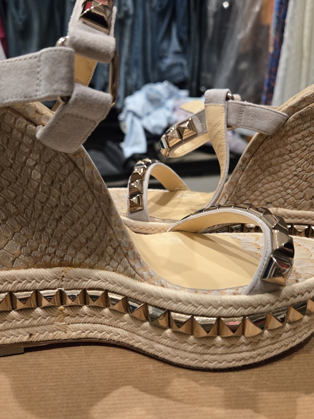 Christian Louboutin Beige Wedge Sandals with Studded Straps - Picture 4 of 7